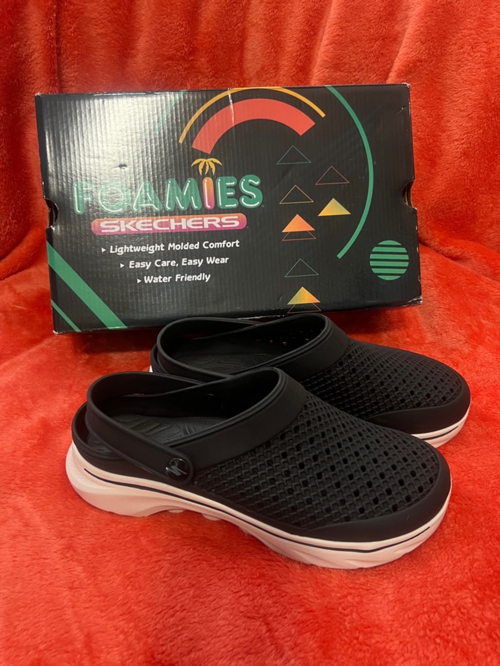 Skechers Black Foamies Slip-On Clogs with White Sole Women’s 9
